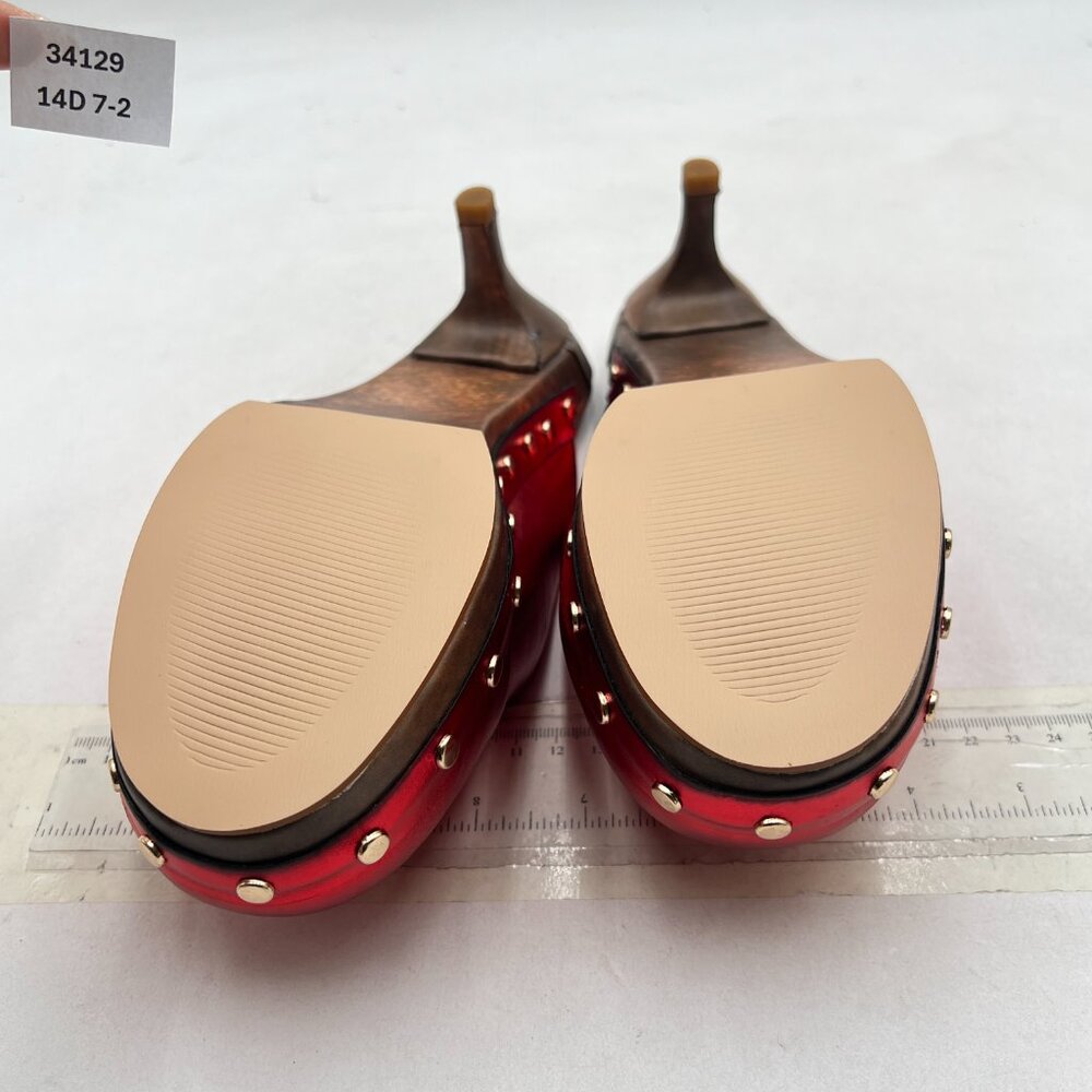 FSJ Red Round Closed Toe Mules Wooden Kitten Heel Trendy Studded Slide Sandals - Picture 7 of 8